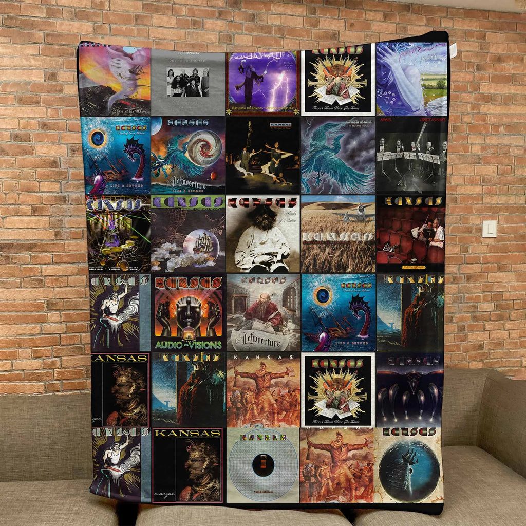 Kansas Albums Collage Sherpa Blanket - A Prog-Rock Christmas Find for Fans
