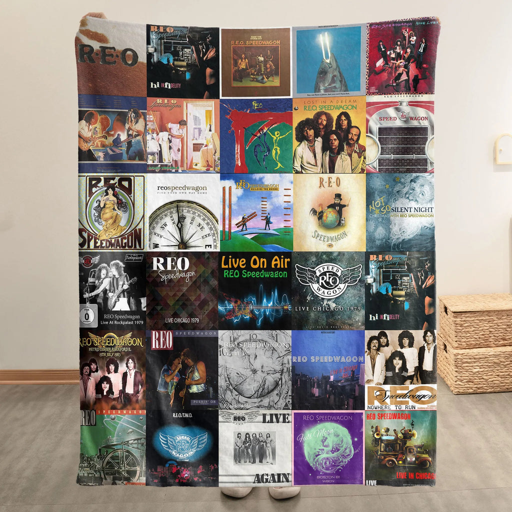 REO Speedwagon Albums Collage Sherpa Blanket - A Warm Throwback to Rock-s Golden Moments