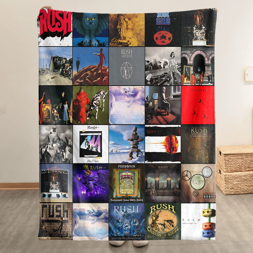 Rush Albums Collage Sherpa Blanket - A Progressive Rock Tribute in Ultimate Comfort