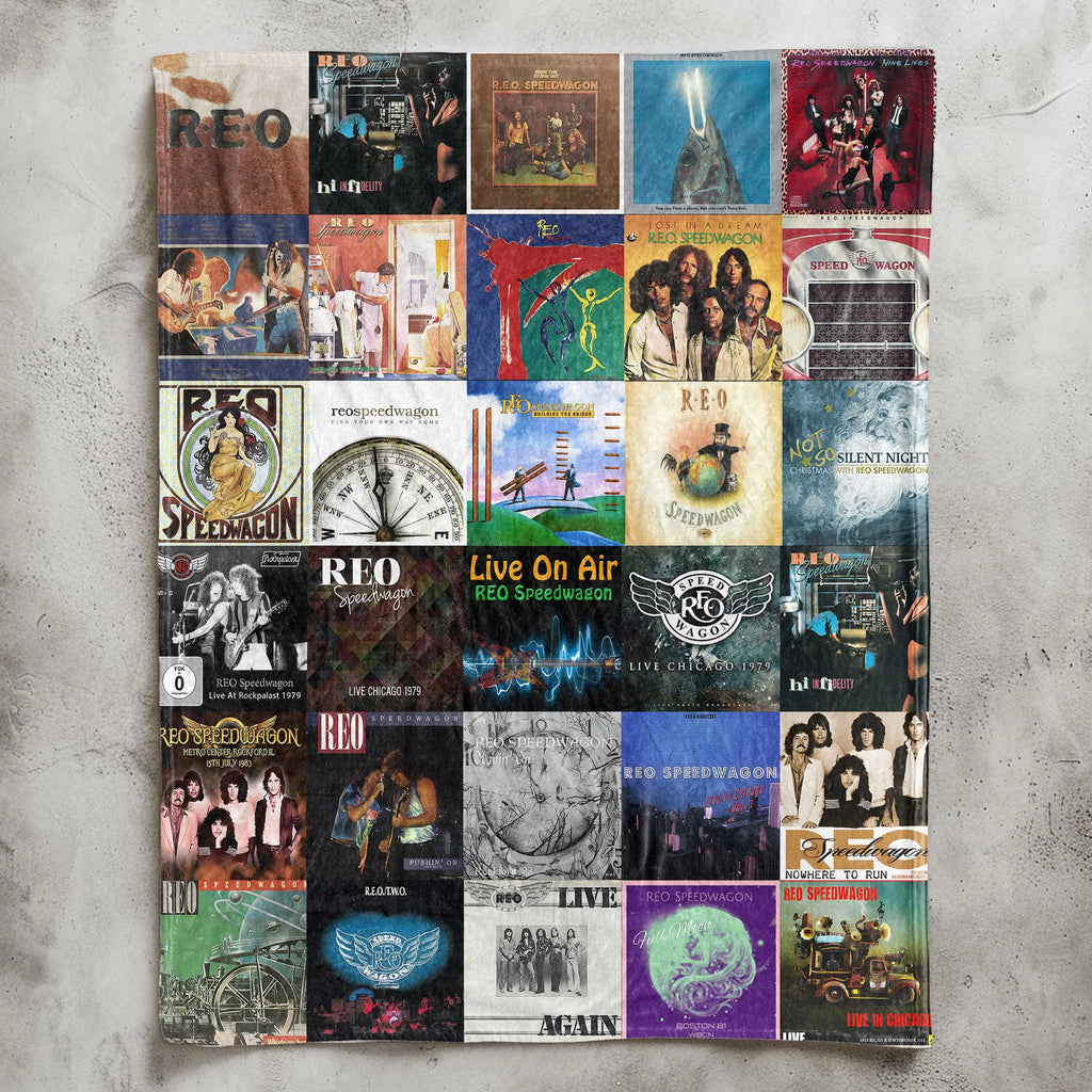 REO Speedwagon Albums Collage Sherpa Blanket - A Warm Throwback to Rock-s Golden Moments
