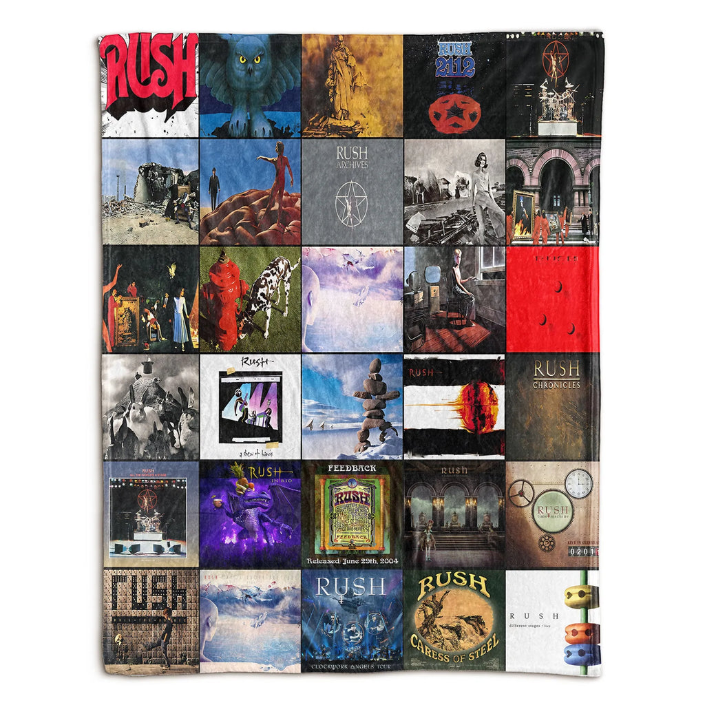 Rush Albums Collage Sherpa Blanket - A Progressive Rock Tribute in Ultimate Comfort