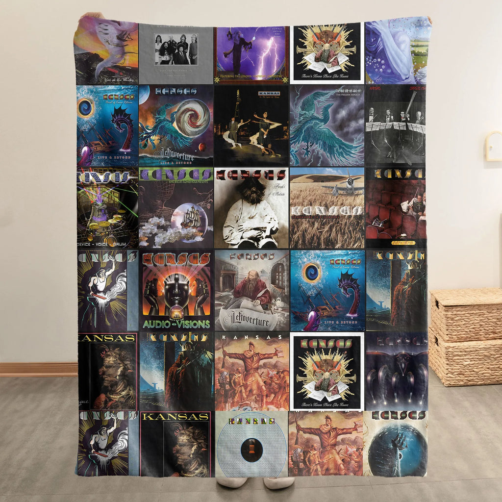Kansas Albums Collage Sherpa Blanket - A Prog-Rock Christmas Find for Fans