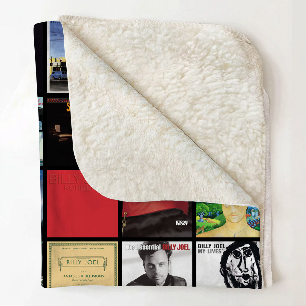 Billy Joel Albums Collage Sherpa Blanket - A Warm Tribute to the Piano Man's Greatest Eras