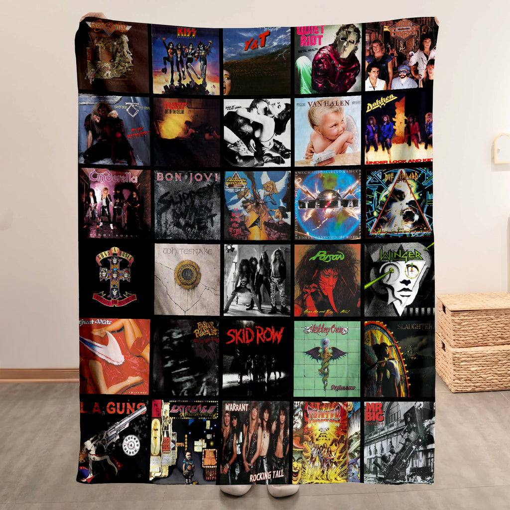 80s & 90s Hair Metal Classics Albums Collage Sherpa Blanket - Unique Gift for Music Fans