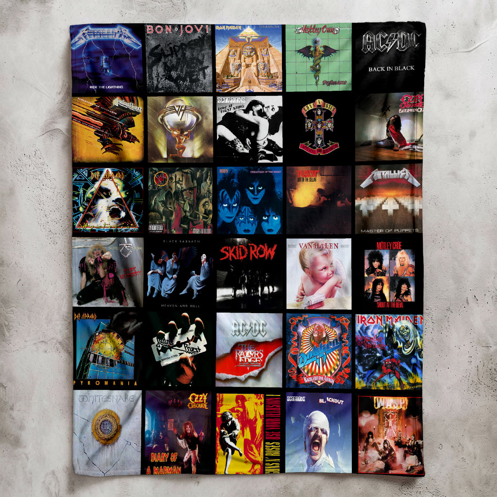 80s & 90s Rock & Metal Classics Albums Collage Sherpa Blanket - Unique Gift for Rock Music Fans