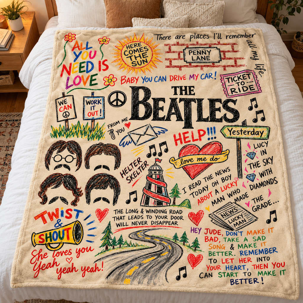 The Beatles Song Doodles Art Sherpa Blanket - Unique Gift for Music Fans
