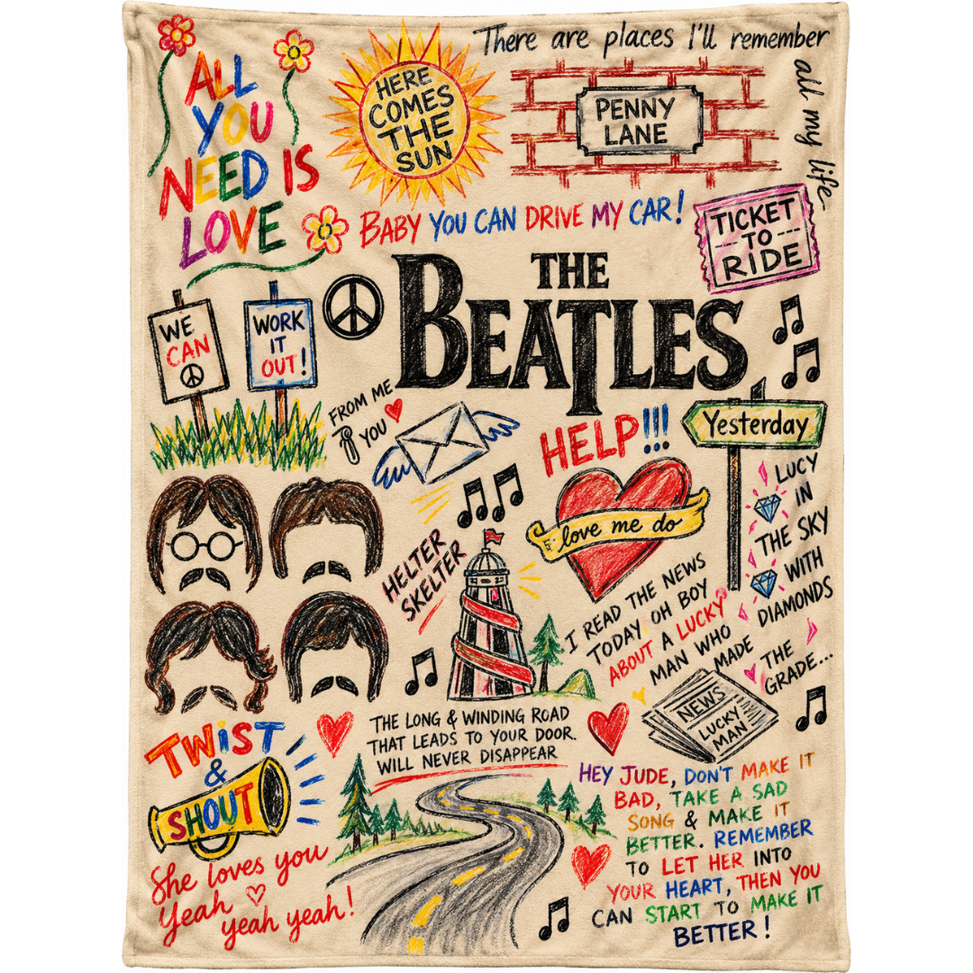 The Beatles Song Doodles Art Sherpa Blanket - Unique Gift for Music Fans
