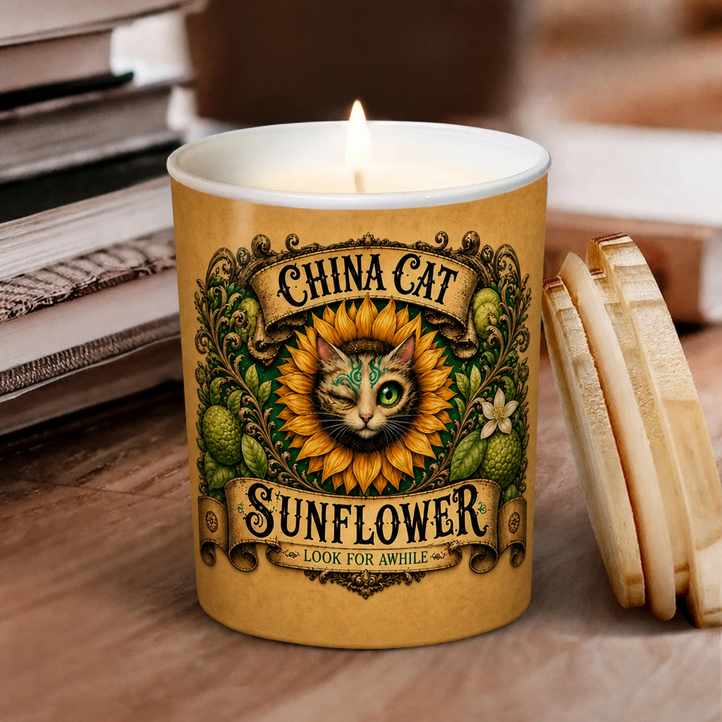 China Cat Sunflower Song Illustration Scented Candle - Unique Christmas Gift for Grateful Dead Fans